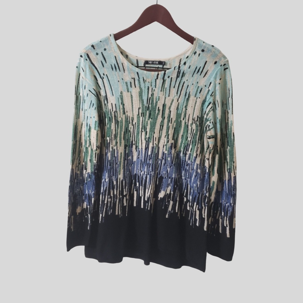 NIC+ZOE Glowing Edge Ombre Linen Blend Abstract Knit Sweater Blue Green Black PM
